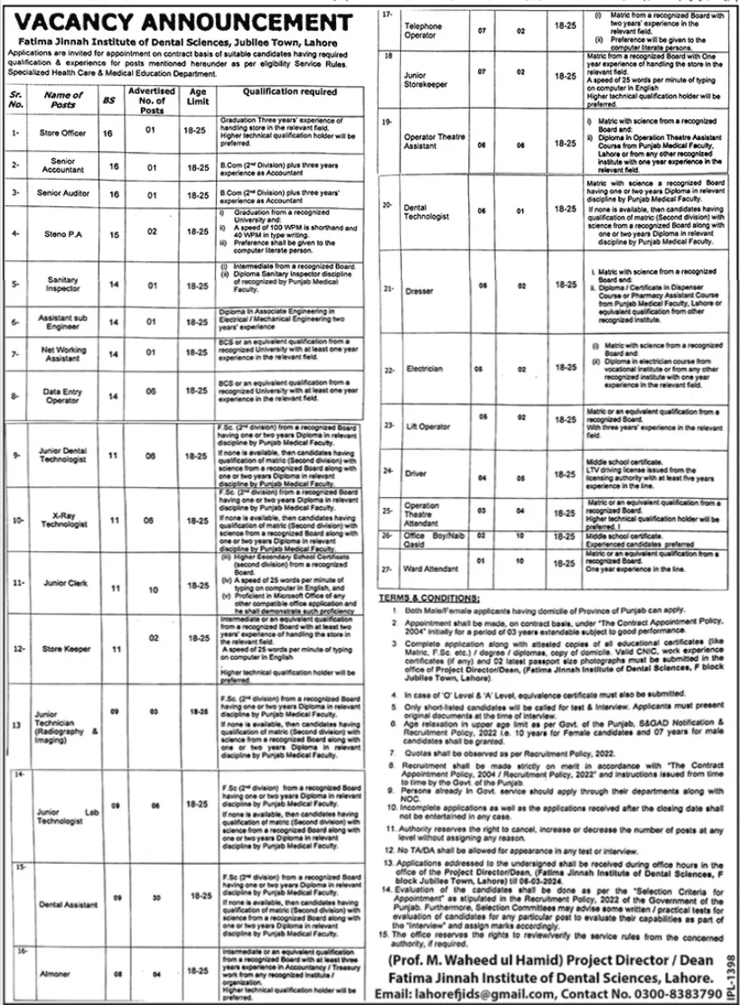 Fatima Jinnah Institute of Dental Sciences Jobs 2024 Jobs 2024 — original advertisement