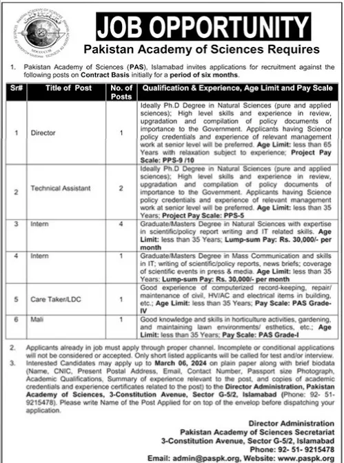 Pakistan Academy of Sciences Islamabad Jobs 2024 Jobs 2024 — original advertisement