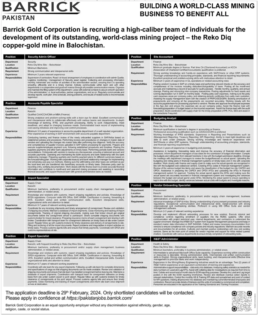 Barrick Pakiatan Balochistan Jobs 2024 – Barrick Pakistan Jobs 2024 — original advertisement