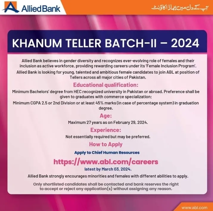 Khanum Teller ABL Bank Careers 2024 – Allied Bank Jobs 2024 — original advertisement