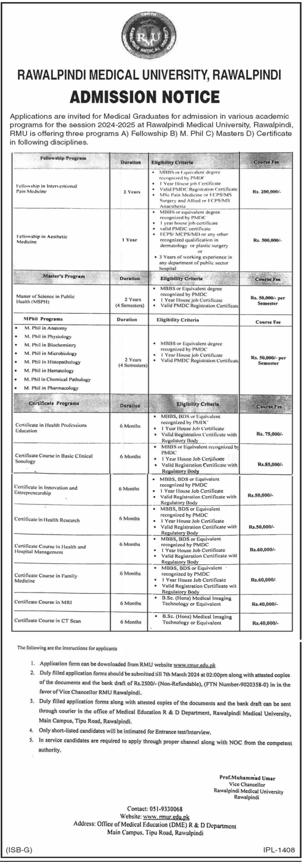 Admissions Open in Rawalpindi Medical University Punjab – Rawalpindi Medical University Punajb Admissions 2024 — original advertisement