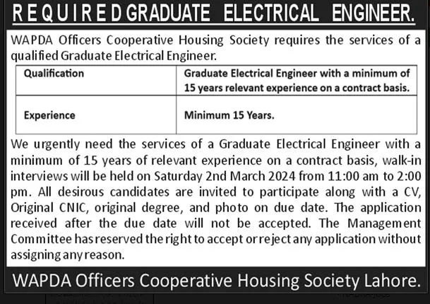 Wapda Officers Cooperative Housing Society Jobs 2024 – Water and Power Development Authority Jobs 2024 — original advertisement