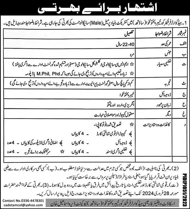 Headquarter Frontier Core Dera Ismail Khan Job 2024 – Frontier Corps Kpk Jobs 2024 — original advertisement
