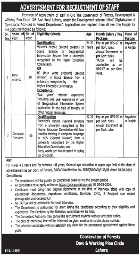 Forests Development & Working Plan Circle Lahore Jobs 2024 Jobs 2024 — original advertisement