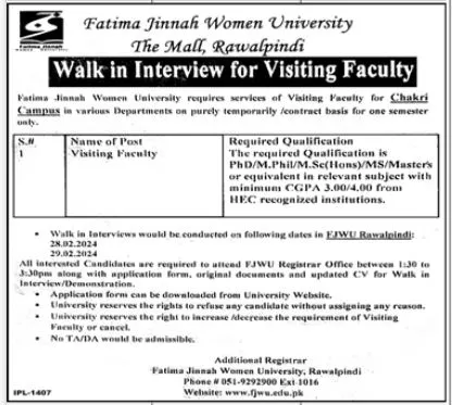 Fatima Jinnah Women University Rawalpindi Job Interview 2024 Jobs 2024 — original advertisement