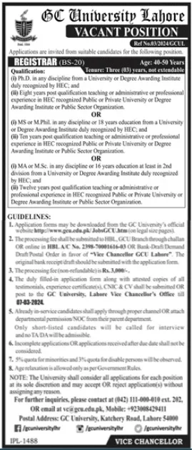 GC University Lahore Punjab Jobs 2024 – Government College University Lahore Jobs 2024 — original advertisement
