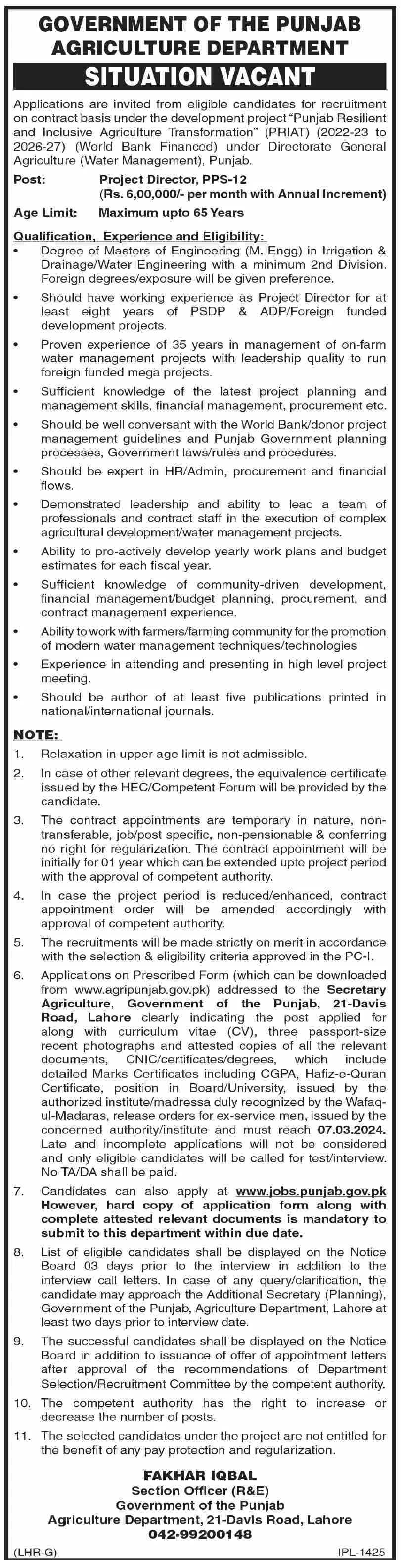 Agriculture Department Lahore Punjab Job 2024 – Agriculture Department Punjab Jobs 2024 — original advertisement