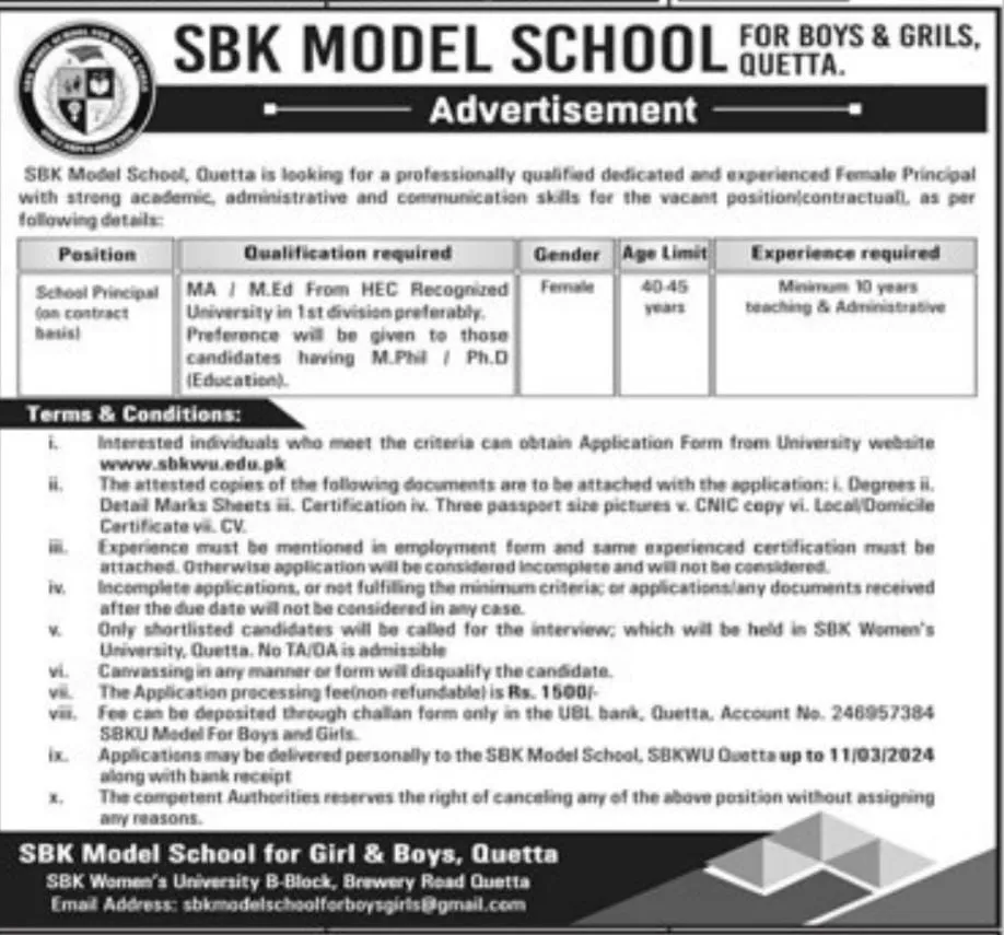 Sbk Model School For Boys And Girls Quetta Jobs 2024 – Sardar Bahadur Khan Women's University Quetta Jobs 2024 — original advertisement