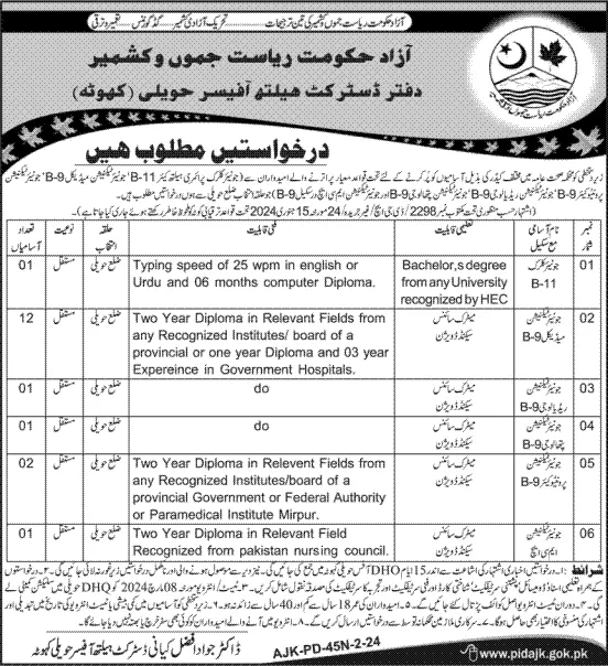 Office Of District Health Officer Kahuta Havali Jobs 2024 – Govt of Azad Kashmir Jobs 2024 — original advertisement