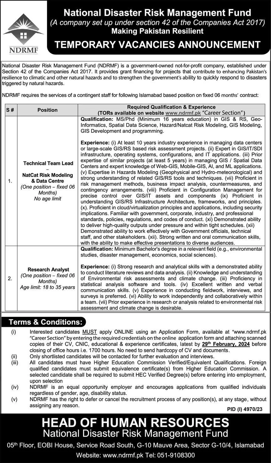 National Disaster Risk Management Fund NDRMF Islamabad Jobs – National Disaster & Risk Management Fund Jobs 2024 — original advertisement