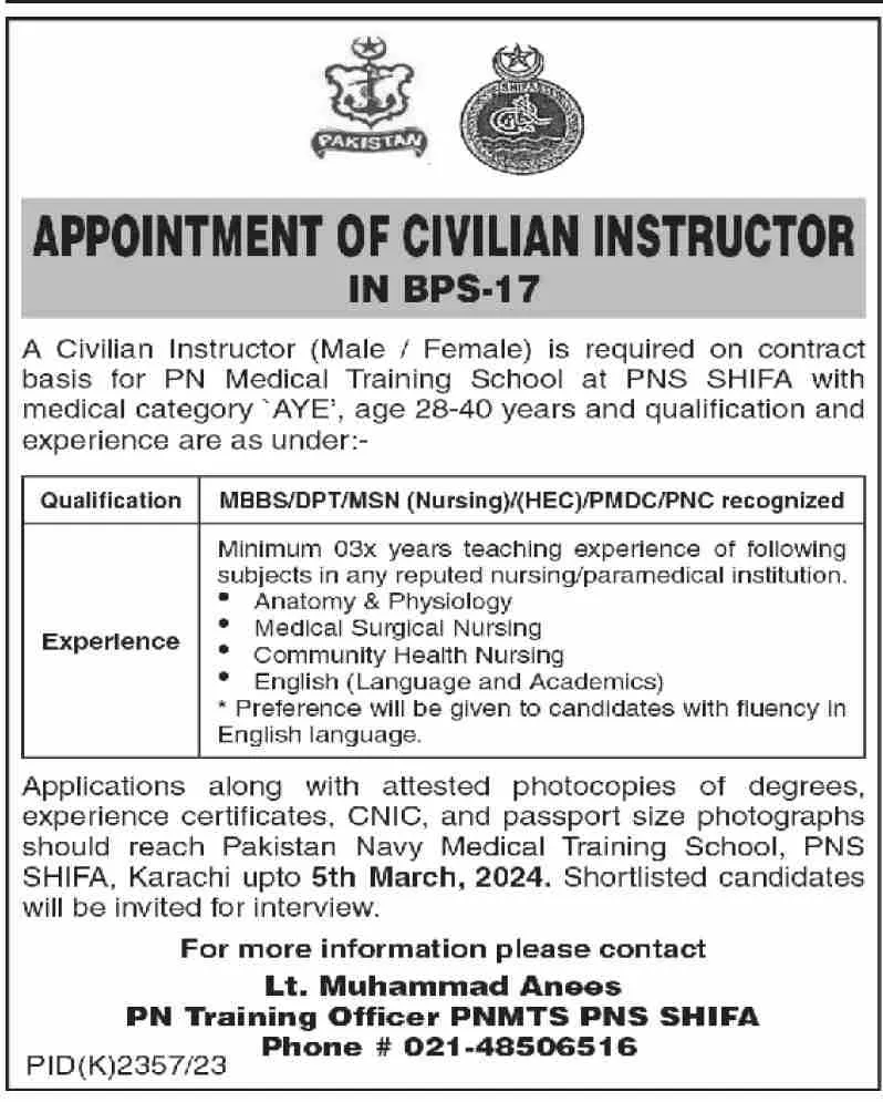 Pakistan Navy Medical Training School PNMTS Karachi Job 2024 Jobs 2024 — original advertisement