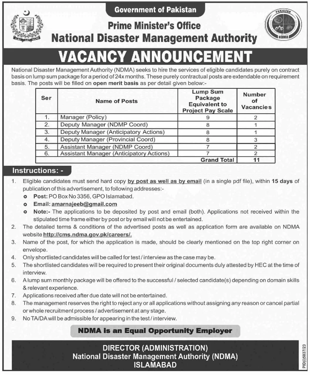 National Disaster Management Authority Islamabad Jobs 2024 – National Disaster Management Authority (NDMA) Pakistan Jobs 2024 — original advertisement
