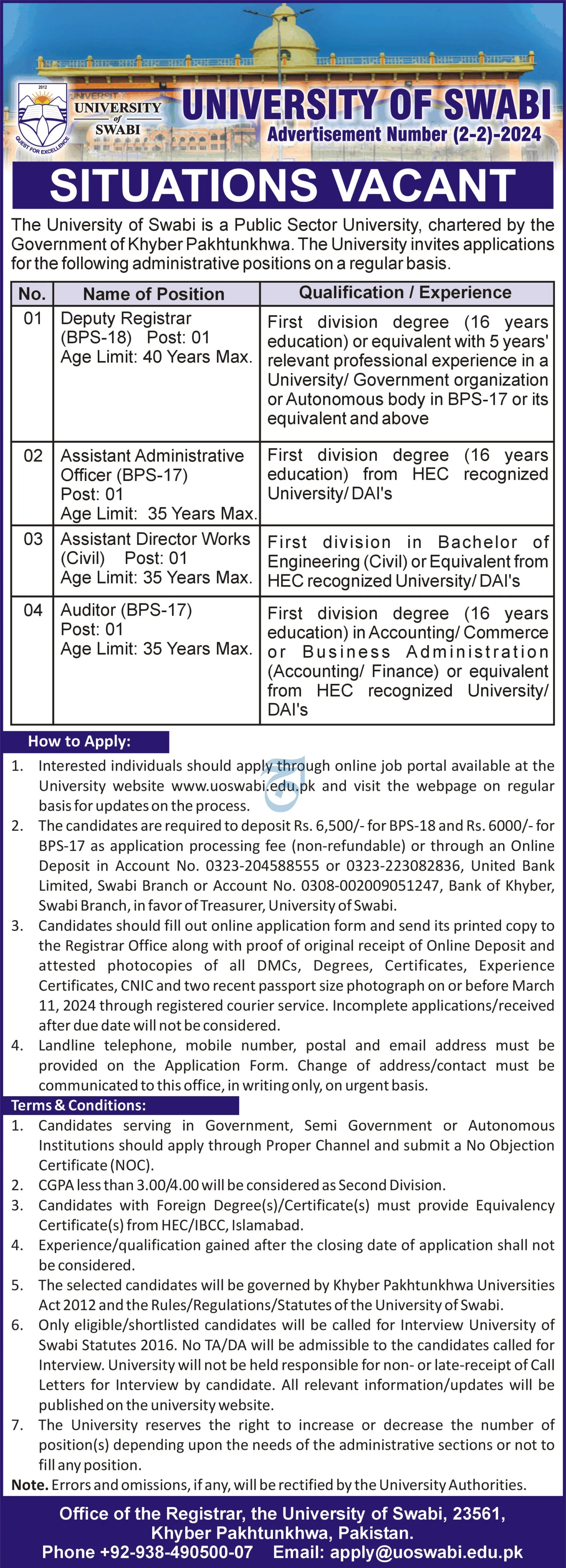 University of Swabi Khyber Pakhtunkhwa Jobs 2024 Jobs 2024 — original advertisement