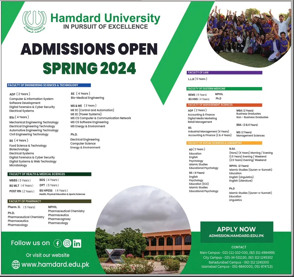 Admissions Open in Hamdard University Karachi 2024 – Hamdard University Hospital Karachi Admissions 2024 — original advertisement