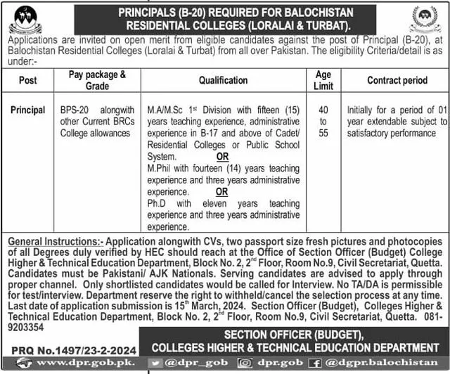 Principal Required for BRC Loralai and Turbat – Balochistan Residential College Turbat Jobs 2024 — original advertisement