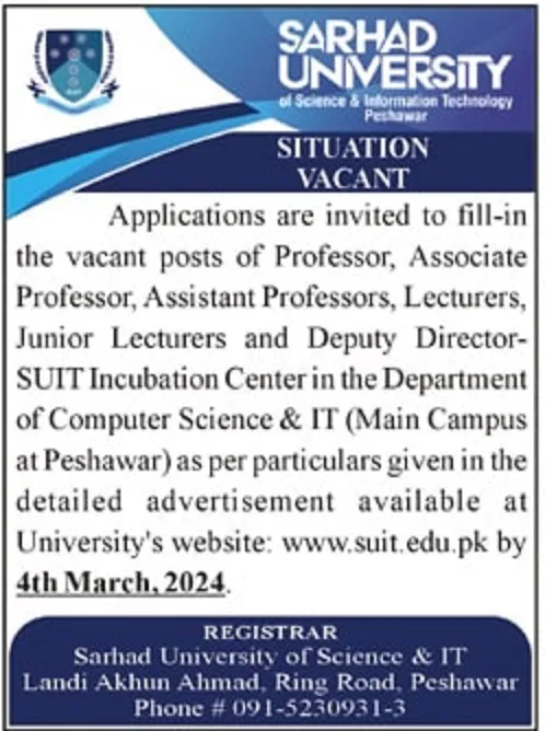 Sarhad University Peshawar Khyber Pakhtunkhwa Jobs 2024 – Sarhad University of Science and Information Technology Peshawar Jobs 2024 — original advertisement