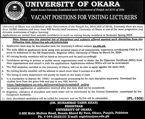 University Of Okara Punjab Jobs 2024 Jobs 2024 — original advertisement