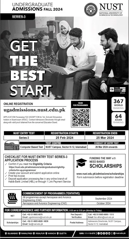 Admissions Open National University of Sciences & Technokogy – National University of Science & Technology Islamabad Admissions 2024 — original advertisement