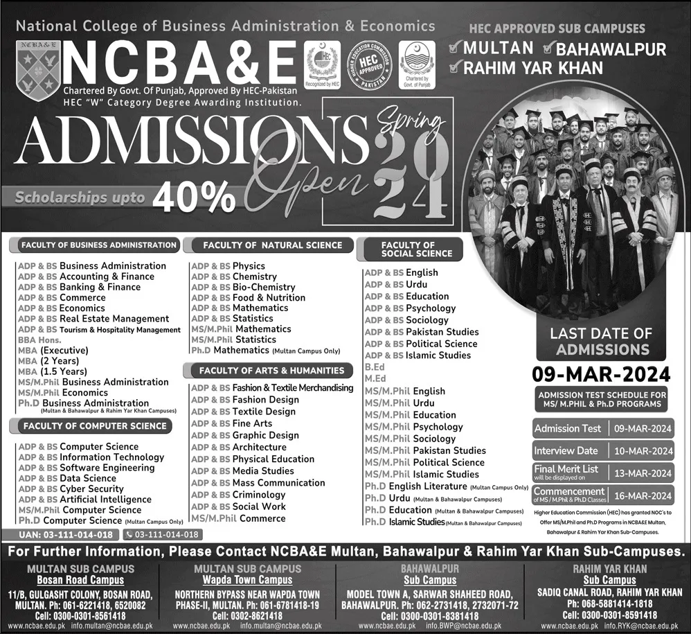 Admissions Open in National College of Business Adminstation – National College of Business Administration & Economics Lahore Admissions 2024 — original advertisement