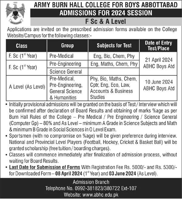 Admissions Open in Army Burn Hall College For Boy Abbottabad – Army Public School & College Paksitan Admissions 2024 — original advertisement