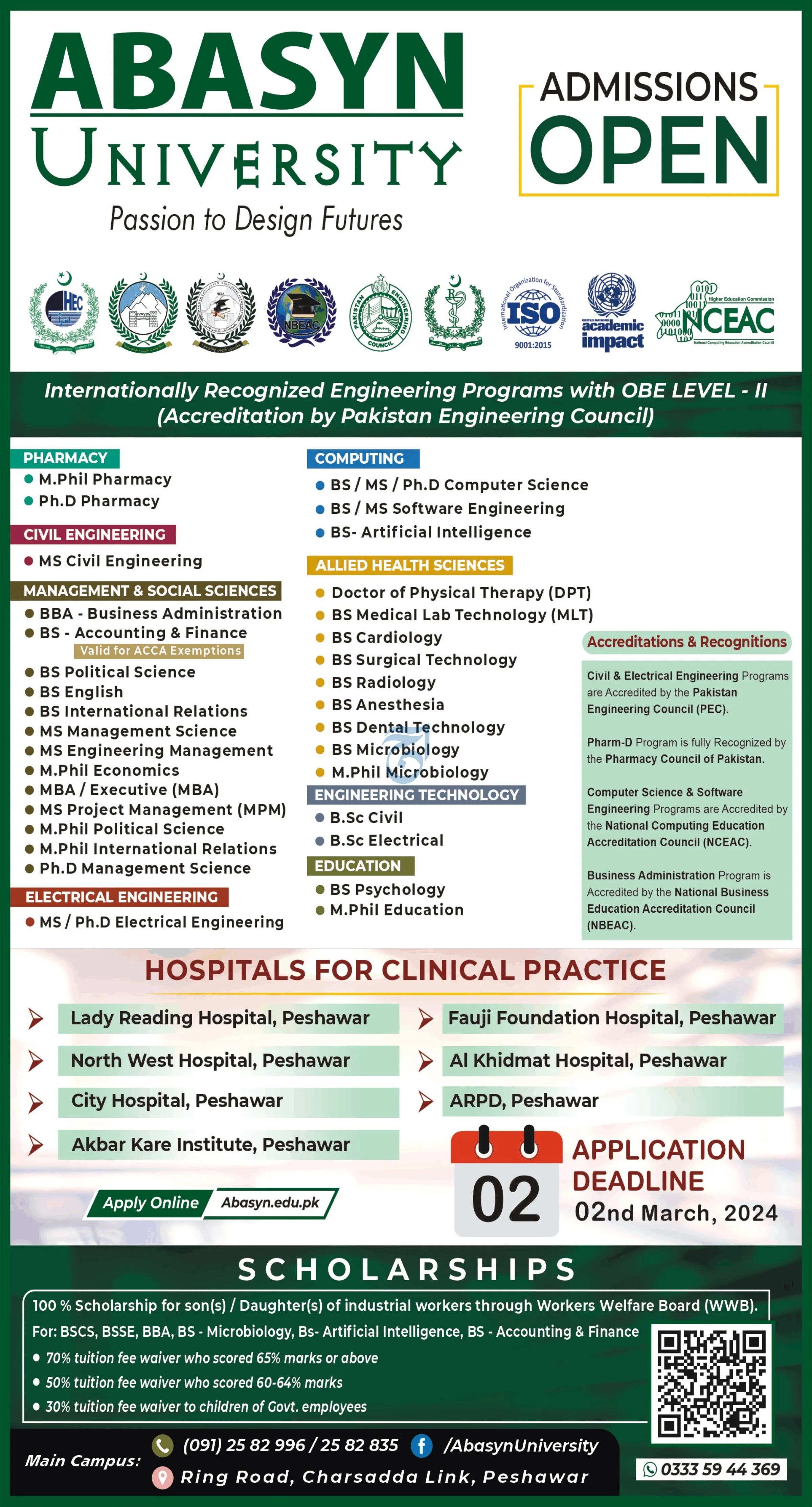 Admissions Open in Abasyn University Peshawar 2024 Admissions 2024 — original advertisement