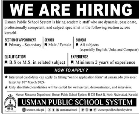 Usman Public School System Karachi Jobs 2024 Jobs 2024 — original advertisement