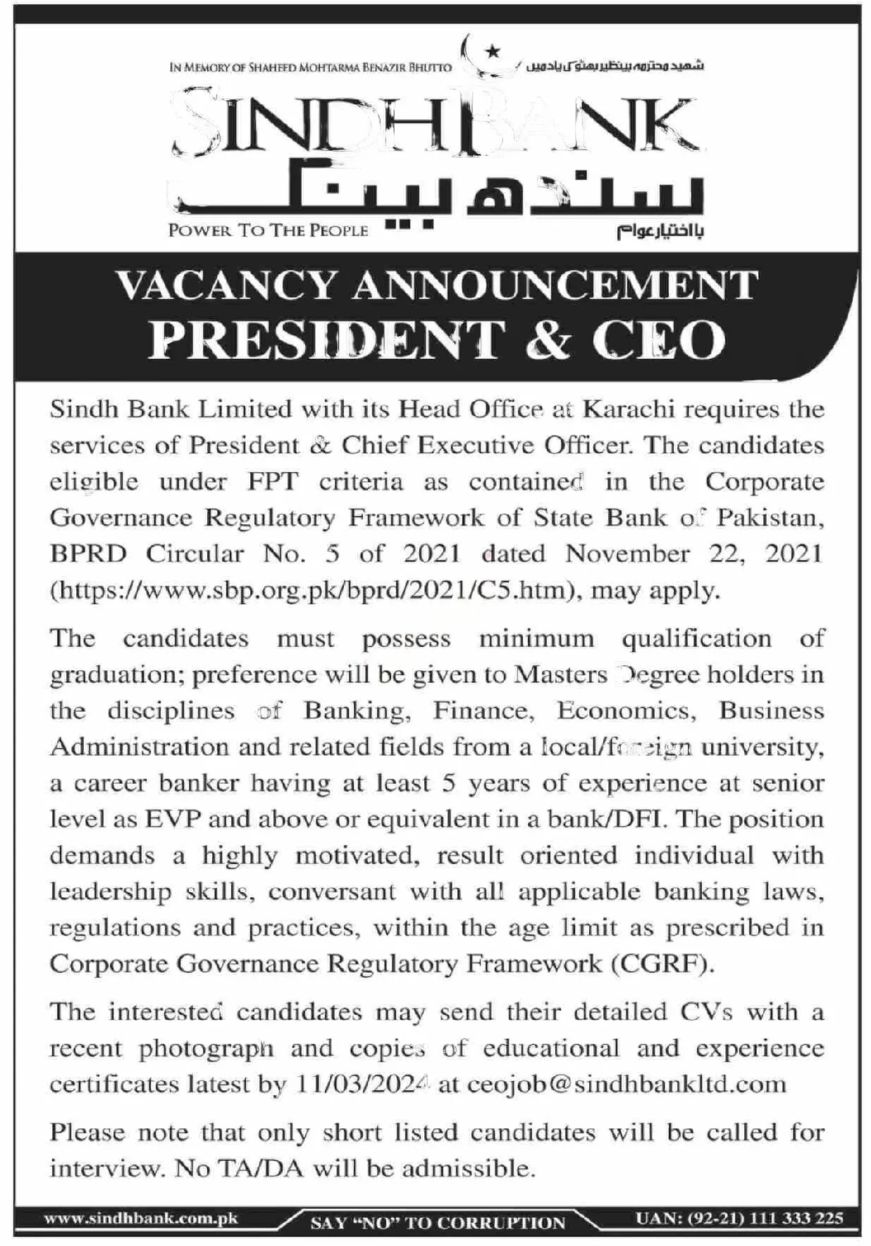 Sindh Bank Limited Karachi Jobs 2024 Jobs 2024 — original advertisement