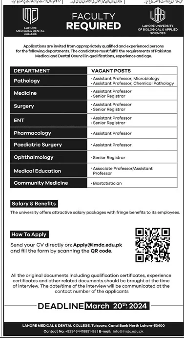 Lahore Medical & Dental College Lahore Punjab Jobs 2024 – CMH Lahore Medical College Jobs 2024 — original advertisement