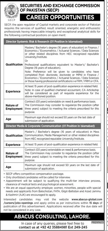 Securities & Exchange Commission Of Pakistan SECP Jobs 2024 Jobs 2024 — original advertisement