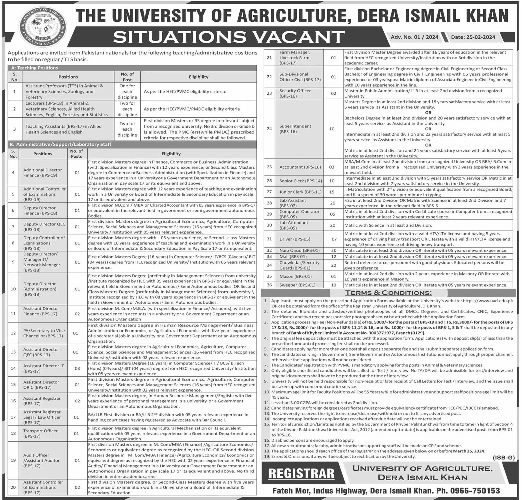 University of agricultural dera Ismail khan Jobs 2024 – University of Agriculture Dera Ismail Khan Jobs 2024 — original advertisement