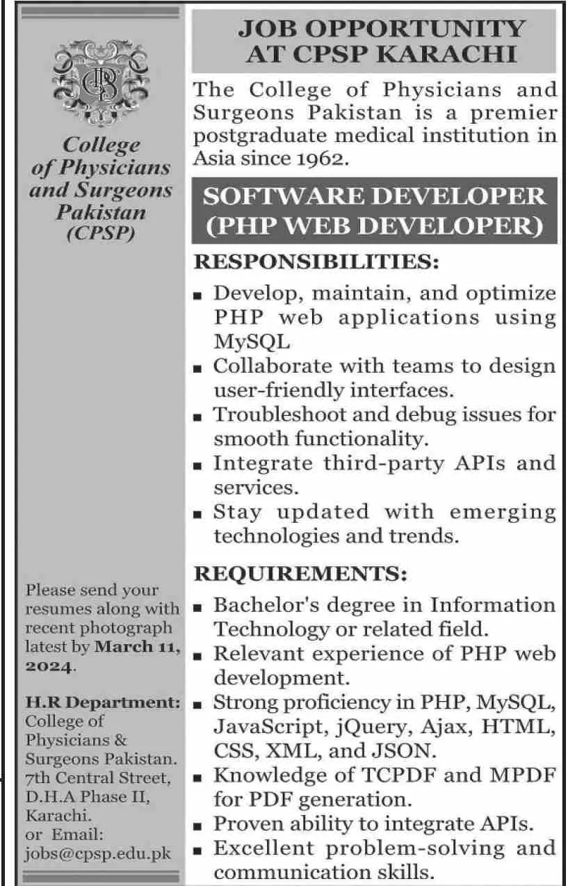 College of Physicians and surgeons Karachi Jobs 2024 – College of Physicians and Surgeons Pakistan Jobs 2024 — original advertisement