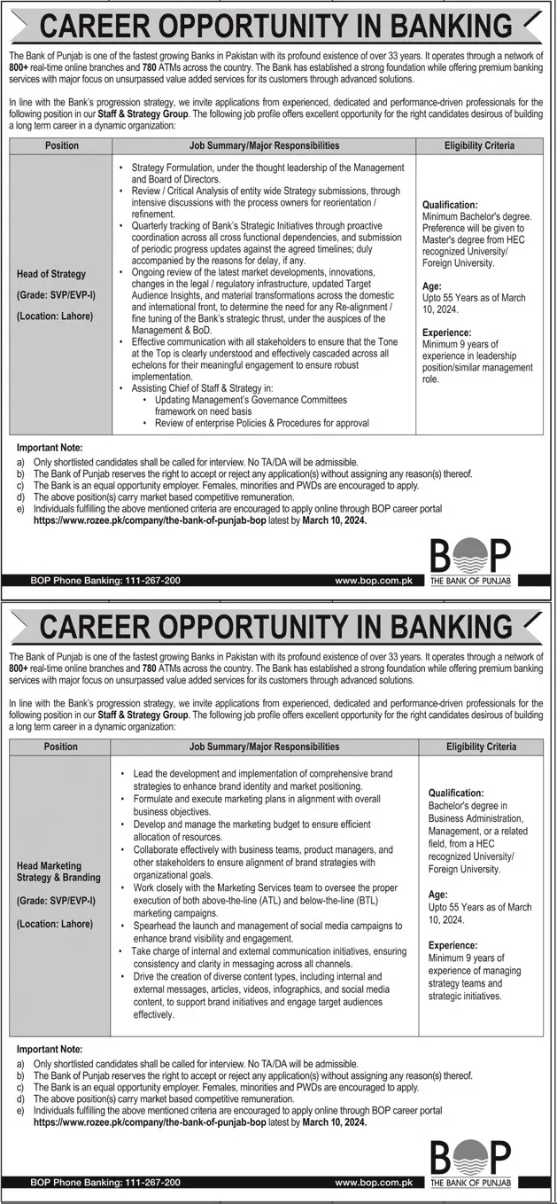 Bank of punjab Bop Jobs 2024 Jobs 2024 — original advertisement