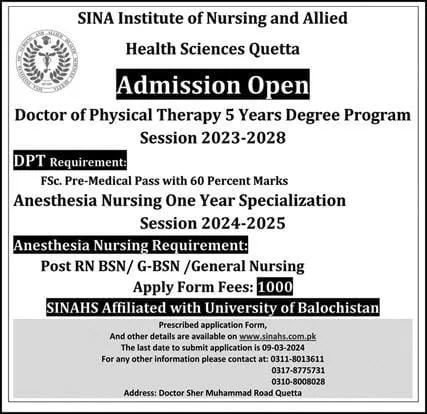 Admissions Open in Sina Institute of Nursing And Allied 2024 – Sina Institute Of Medical Sciences SIMS Quetta Admissions 2024 — original advertisement