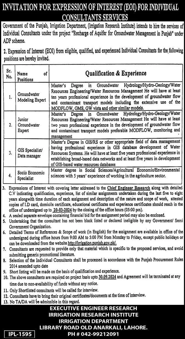 Punjab Irrigation Department Punjab Jobs 2024 Jobs 2024 — original advertisement
