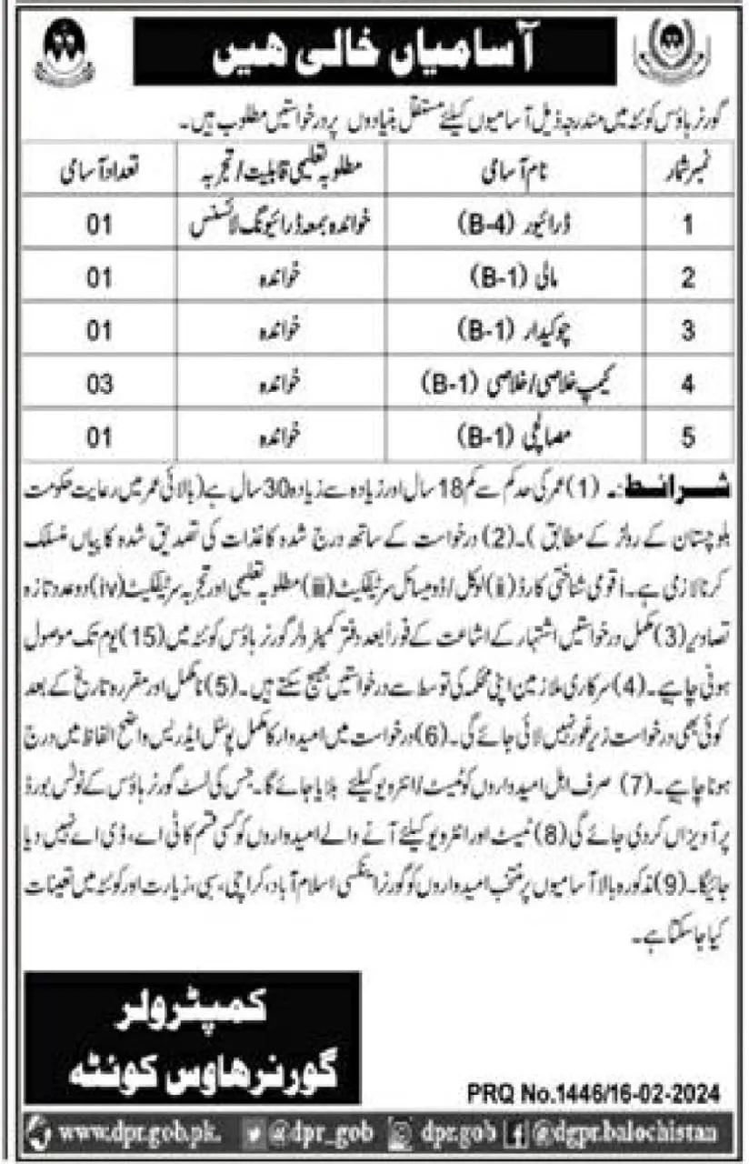 Governor House Quetta  Balochistan Jobs 2024 – Governor House Balochistan Jobs 2024 — original advertisement