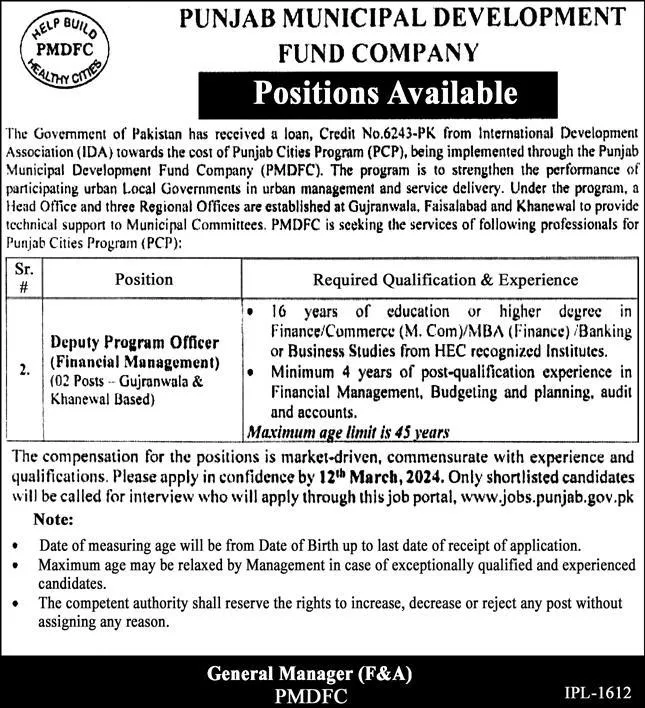 Punjab Municipal Development Fund Company PMDFC Lahore Jobs Jobs 2024 — original advertisement