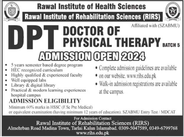 Admissions Open in Rawal Institute Of Health Sciences RIHS Admissions 2024 — original advertisement