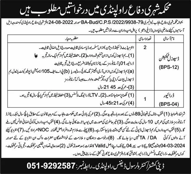 Ministry of Defence Rawalpindi Jobs 2024 – Ministry of Defence Pakistan Jobs 2024 — original advertisement