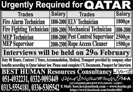 Fire Alarm Technician & MEP Supervisor Jobs 2024 In Qatar – Best Human Resources Consultancy Jobs 2024 — original advertisement