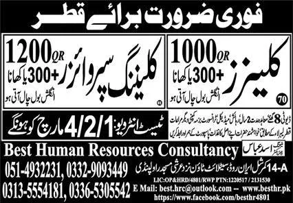 Cleaner & Cleaning Supervisor Jobs 2024 In Qatar – Best Human Resources Consultancy Jobs 2024 — original advertisement
