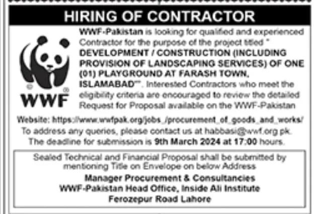 WWF Pakistan Lahore Punjab Job 2024 – World Wide Fund WWF Pakistan Jobs 2024 — original advertisement