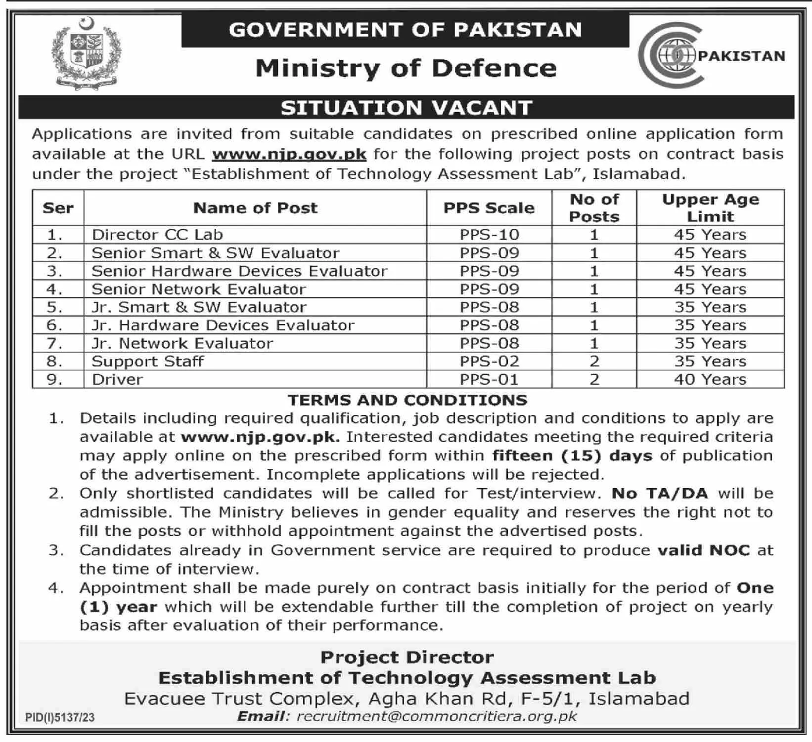 Ministry Of Defence MoD Islamabad Jobs 2024 – Ministry of Defence Pakistan Jobs 2024 — original advertisement
