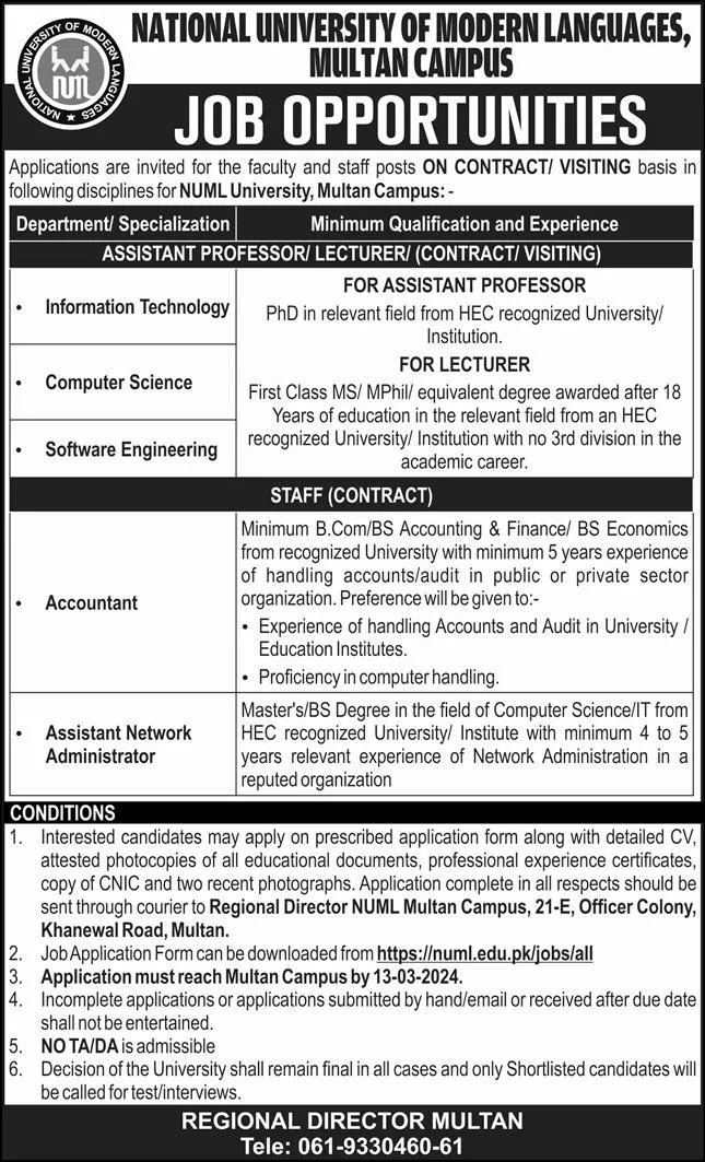 National University Of Modern Languages NUML Multan Jobs – National University of Modern Languages Islamabad Jobs 2024 — original advertisement