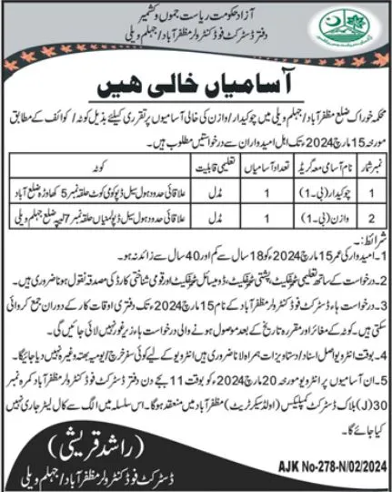 District Food Controller Jhelum Valley Ajk Jobs 2024 – Food Department Azad & Jammu Kashmir AJK Jobs 2024 — original advertisement