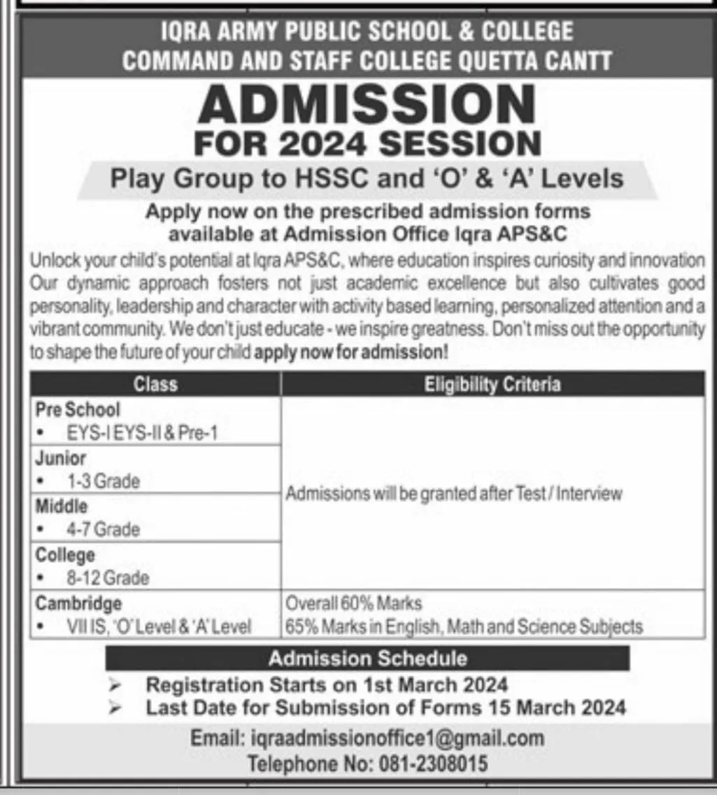 Admission Open in Iqra Army Public School & College Quetta – Iqra Army Public School and College Admissions 2024 — original advertisement
