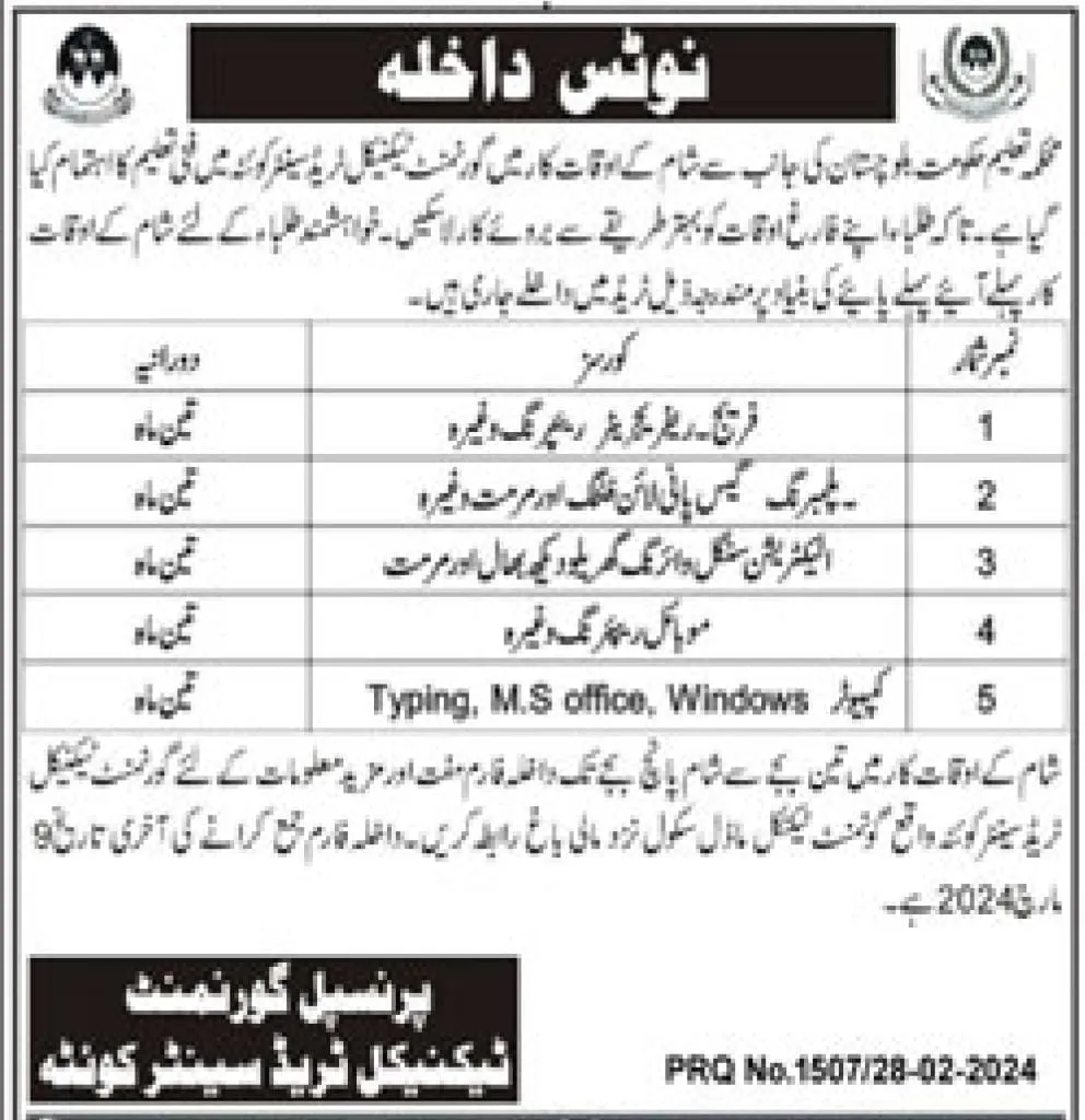 Admissions Open in TechanicalTrade Center TTC Quetta 2024 – Technical Training Center Quetta Admissions 2024 — original advertisement