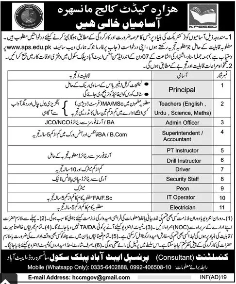 Hazara Cadet College Mansehra Khyber Pakhtunkhwa Jobs 2024 Jobs 2024 — original advertisement