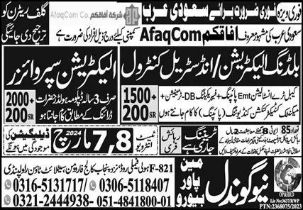 Electrician Supervisor & Building Electrician Jobs 2024 – New Gondal Manpower Bureau Jobs 2024 — original advertisement