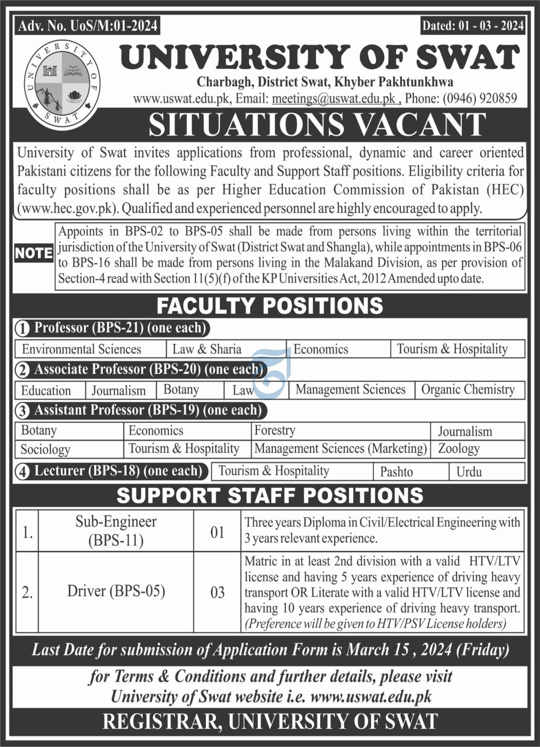 Univerisity of Swat Khyber Pakhtunkhwa Jobs 2024 – University of Swat Jobs 2024 — original advertisement