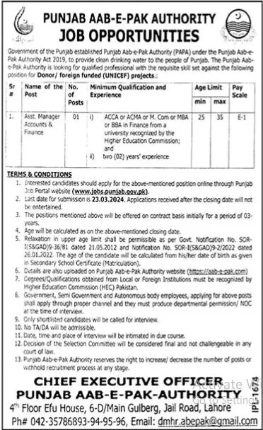Punjab Aab e Pak Authority Lahore Jobs 2024 Jobs 2024 — original advertisement